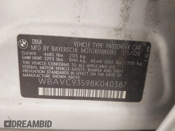 2008 BMW 3 Series 328xi with VIN WBAVC93598K040387, listed as a IAAI auction lot 42796696 with Not provided miles and . Bid and sale history available at DreamBid. Image 9.