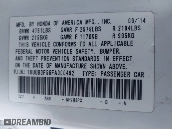 2015 Acura TLX V6 Tech with VIN 19UUB3F56FA000492, listed as a IAAI auction lot 41274442 with 95,519 mi miles. Bid and sale history available at carsss.com. Image 9.