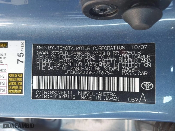 2008 Toyota Prius with VIN JTDKB20U587716784, listed as a IAAI auction lot 41902987 with 256,125 mi miles. Bid and sale history available at carsss.com. Image 9.