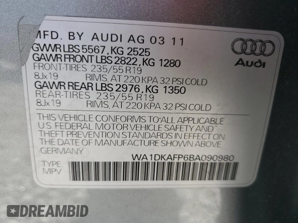 2011 Audi Q5 3.2L Premium Plus with VIN WA1DKAFP6BA090980, listed as a Copart auction lot 44116825 with 0 mi miles and Salvage Title. Bid and sale history available at carsss.com. Image 13.
