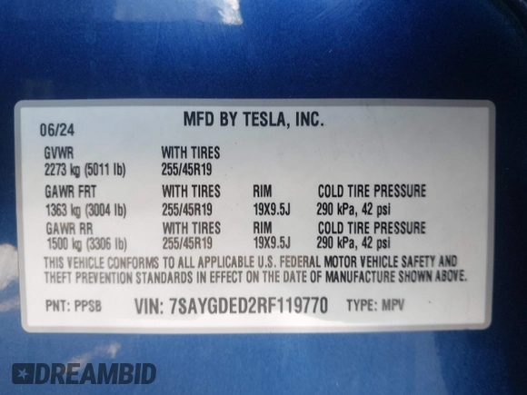 2024 Tesla Model Y с VIN 7SAYGDED2RF119770, выставлен на аукционе IAAI как лот 42462600 с пробегом 6 712 миль миль и . История ставок и продаж доступна на DreamBid. Изображение 9.