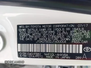 2018 Toyota Prius One with VIN JTDKDTB32J1600004, listed as a IAAI auction lot 42030186 with 61,568 mi miles and . Bid and sale history available at DreamBid. Image 8.