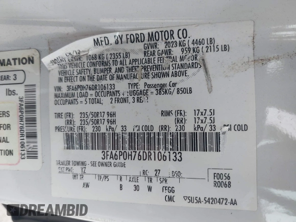 2013 Ford Fusion SE with VIN 3FA6P0H76DR106133, listed as a IAAI auction lot 42180076 with 199,398 mi miles and . Bid and sale history available at DreamBid. Image 9.