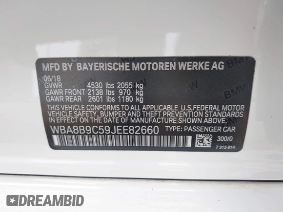 2018 BMW 3 Series 330i with VIN WBA8B9C59JEE82660, listed as a IAAI auction lot 41899267 with 65,205 mi miles and . Bid and sale history available at DreamBid. Image 9.