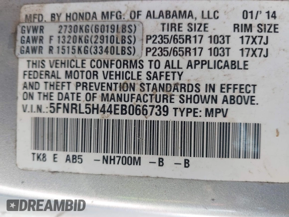 2014 Honda Odyssey EX with VIN 5FNRL5H44EB066739, listed as a IAAI auction lot 42073712 with Not Provided miles and . Bid and sale history available at carsss.com. Image 9.