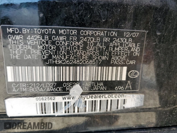 2008 Lexus IS with VIN JTHBK262482068517, listed as a Copart auction lot 46473535 with 200,763 mi miles and Salvage Title. Bid and sale history available at carsss.com. Image 12.