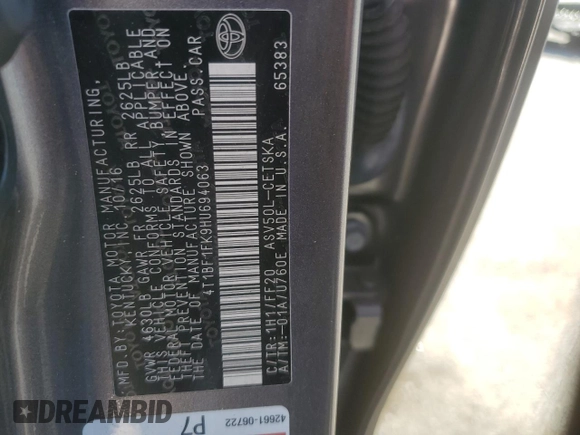 2017 Toyota Camry XLE with VIN 4T1BF1FK9HU694063, listed as a Copart auction lot 56740334 with 136,478 mi miles and Salvage Title. Bid and sale history available at DreamBid. Image 15.