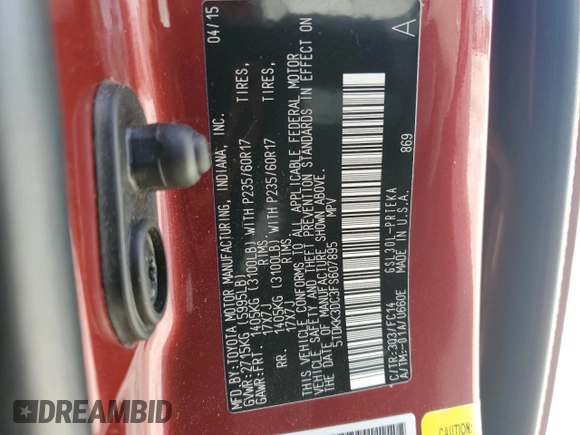 2015 Toyota Sienna LE AAS with VIN 5TDKK3DC3FS607895, listed as a Copart auction lot 54970035 with 145,956 mi miles and Salvage title. Bid and sale history available at DreamBid. Image 14.