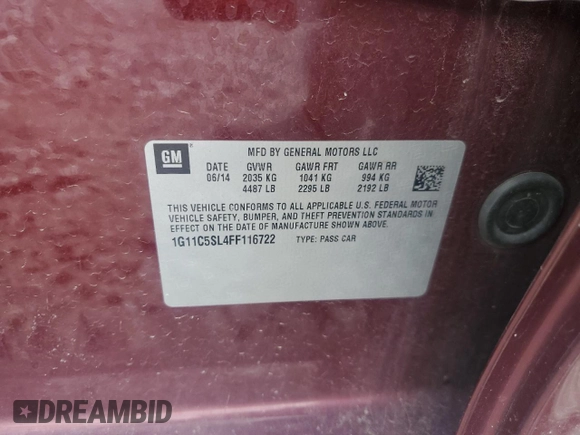 2015 Chevrolet Malibu LT with VIN 1G11C5SL4FF116722, listed as a Copart auction lot 54410635 with 178,504 mi miles and Clean Title. Bid and sale history available at DreamBid. Image 12.