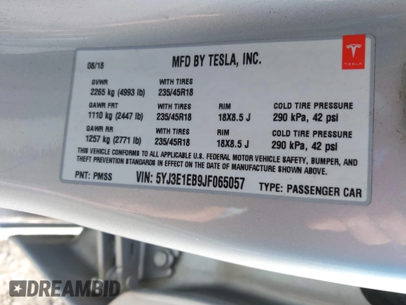 2018 Tesla Model 3 Long Range Battery with VIN 5YJ3E1EB9JF065057, listed as a IAAI auction lot 41863903 with 54,584 mi miles and . Bid and sale history available at DreamBid. Image 9.