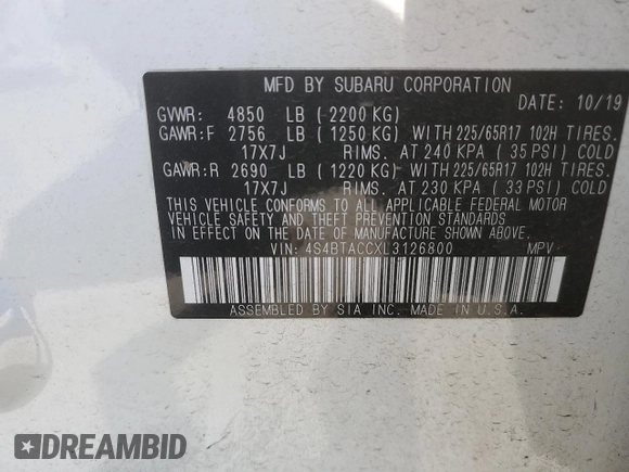 2020 Subaru Outback Premium z VIN 4S4BTACCXL3126800, wystawiony jako Copart lot #55515405 z przebiegiem Nie podano mil oraz Szkoda całkowita • Salvage title. Historia ofert i sprzedaży dostępna na DreamBid. Obrazek 12.