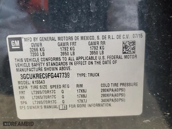 2015 Chevrolet Silverado 1500 LT with VIN 3GCUKREC9FG447739, listed as a Copart auction lot 46133275 with 216,941 mi miles and Salvage Title. Bid and sale history available at carsss.com. Image 12.