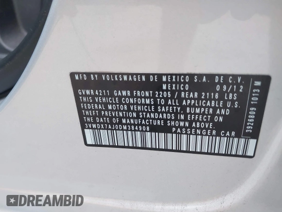 2013 Volkswagen Jetta SE with VIN 3VWDX7AJ0DM384908, listed as a IAAI auction lot 41466642 with 92,131 mi miles and . Bid and sale history available at DreamBid. Image 9.