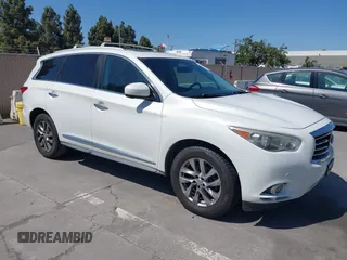 2013 Infiniti JX35 z VIN 5N1AL0MM3DC305128, wystawiony jako IAAI lot #42427531 z przebiegiem 230 289 mil mil oraz . Historia ofert i sprzedaży dostępna na DreamBid. Obrazek 1.