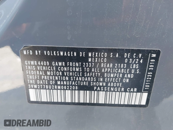 2024 Volkswagen Jetta GLI Autobahn with VIN 3VW2T7BU2RM062208, listed as a IAAI auction lot 41512567 with 16,735 mi miles and . Bid and sale history available at DreamBid. Image 9.