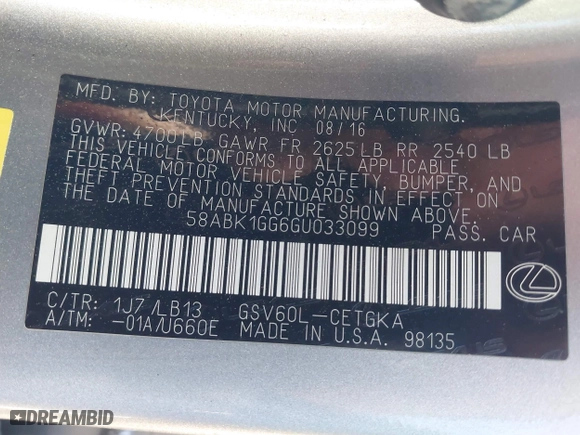 2016 Lexus ES 350 with VIN 58ABK1GG6GU033099, listed as a IAAI auction lot 41792779 with 143,306 mi miles. Bid and sale history available at carsss.com. Image 9.