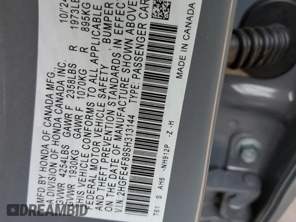 2025 Honda Civic Sedan Hybrid Sport with VIN 2HGFE4F89SH313144, listed as a Copart auction lot 48546145 with 2,542 mi miles and Salvage Title. Bid and sale history available at carsss.com. Image 14.