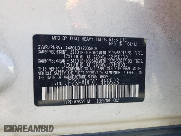 2012 Subaru Forester X Premium with VIN JF2SHADCXCH466523, listed as a Copart auction lot 61669735 with 168,184 mi miles and Salvage title. Bid and sale history available at DreamBid. Image 12.