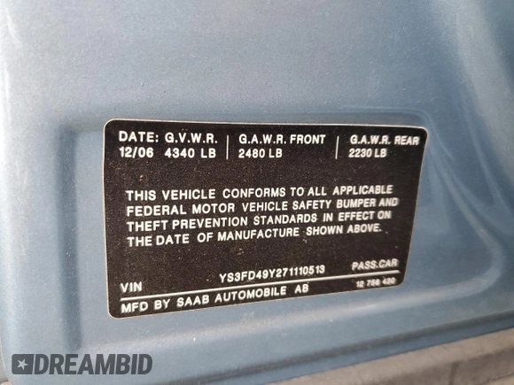 2007 Saab 9-3 z VIN YS3FD49Y271110513, wystawiony jako Copart lot #55692905 z przebiegiem 124 614 mil mil oraz Szkody całkowita. Historia ofert i sprzedaży dostępna na DreamBid. Obrazek 12.