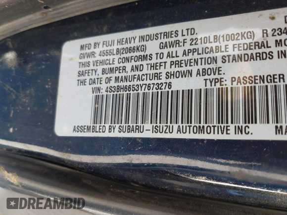 2000 Subaru Legacy Outback with VIN 4S3BH6653Y7673276, listed as a IAAI auction lot 42342698 with 260,875 mi miles and . Bid and sale history available at DreamBid. Image 9.