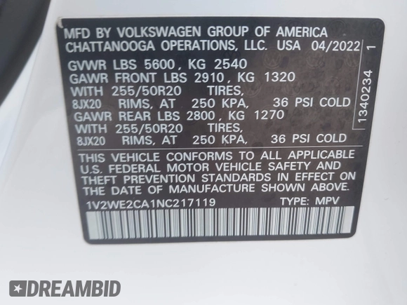 2022 Volkswagen Atlas SE with VIN 1V2WE2CA1NC217119, listed as a IAAI auction lot 42251488 with 45,034 mi miles and . Bid and sale history available at DreamBid. Image 9.
