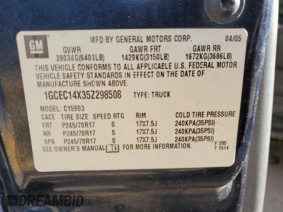 2005 Chevrolet Silverado 1500 Work Truck with VIN 1GCEC14X35Z298508, listed as a Copart auction lot 45917835 with 0 mi miles and Salvage Title. Bid and sale history available at carsss.com. Image 14.