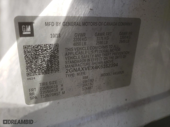 2019 Chevrolet Equinox LT with VIN 2GNAXVEX4K6162394, listed as a Copart auction lot 50049935 with 109,218 mi miles and Salvage Title. Bid and sale history available at carsss.com. Image 15.