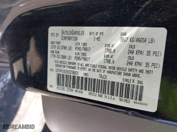 2005 Dodge Ram 1500 SLT with VIN 1D7HA18D55S238831, listed as a IAAI auction lot 42022660 with 207,523 mi miles. Bid and sale history available at carsss.com. Image 9.