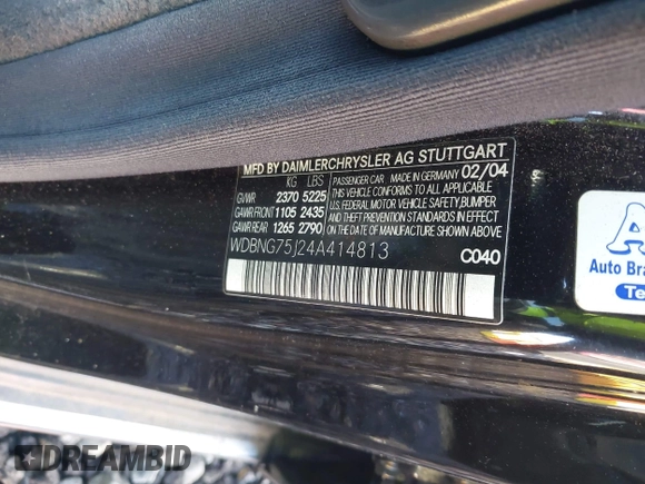 2004 Mercedes-Benz S-Class 5.0L with VIN WDBNG75J24A414813, listed as a IAAI auction lot 41911565 with 999,999 mi miles. Bid and sale history available at carsss.com. Image 9.