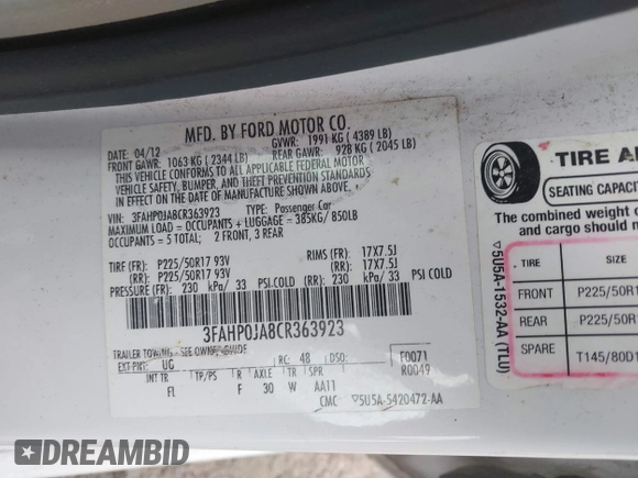2012 Ford Fusion SEL with VIN 3FAHP0JA8CR363923, listed as a IAAI auction lot 42368056 with 175,681 mi miles and . Bid and sale history available at DreamBid. Image 9.