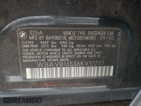 2006 BMW 3 Series 325i with VIN WBAVB13536KX51777, listed as a Copart auction lot 57082425 with 206,336 mi miles and Salvage title. Bid and sale history available at DreamBid. Image 12.