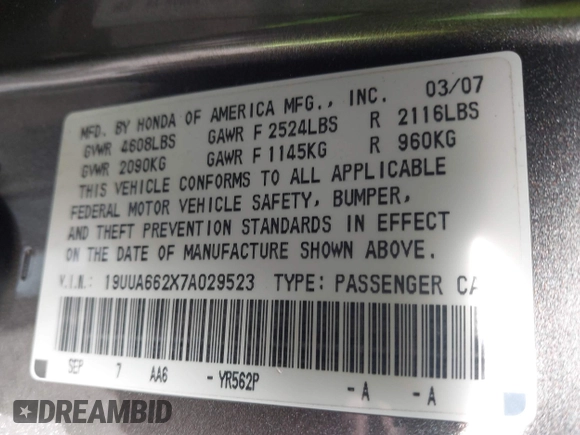 2007 Acura TL with VIN 19UUA662X7A029523, listed as a IAAI auction lot 41946286 with 125,564 mi miles. Bid and sale history available at carsss.com. Image 9.
