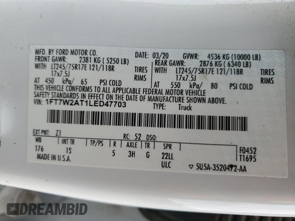 2020 Ford F-250 XL z VIN 1FT7W2AT1LED47703, wystawiony jako Copart lot #83115394 z przebiegiem 93 574 mil mil oraz Szkoda całkowita • Salvage title. Historia ofert i sprzedaży dostępna na DreamBid. Obrazek 13.