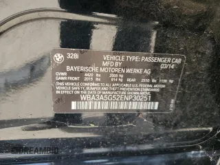2014 BMW 3 Series 328i with VIN WBA3A5G52ENP30251, listed as a Copart auction lot 82926134 with 106,666 mi miles and Salvage title. Bid and sale history available at DreamBid. Image 12.