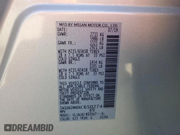 2019 Nissan Pathfinder S with VIN 5N1DR2MN0KC650274, listed as a Copart auction lot 54166005 with 96,956 mi miles and Salvage Title. Bid and sale history available at DreamBid. Image 13.