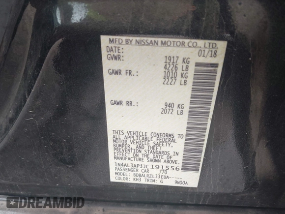 2018 Nissan Altima SR with VIN 1N4AL3AP3JC191556, listed as a IAAI auction lot 41907978 with 83,016 mi miles and . Bid and sale history available at DreamBid. Image 9.
