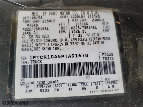 1993 Ford Ranger Splash with VIN 1FTCR10A5PTA91678, listed as a Copart auction lot 46623175 with 11,068 mi miles and Salvage Title. Bid and sale history available at carsss.com. Image 13.