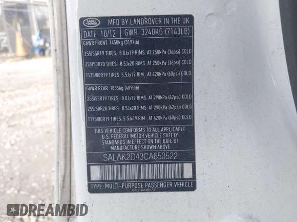 2012 Land Rover LR4 Lux with VIN SALAK2D43CA650522, listed as a IAAI auction lot 41221271 with Not Provided miles and . Bid and sale history available at DreamBid. Image 9.