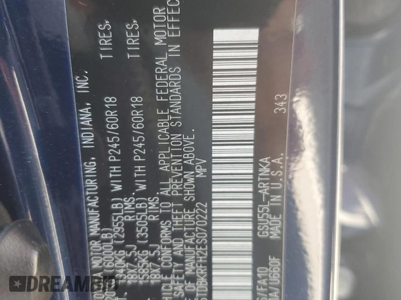 2014 Toyota Highlander LE z VIN 5TDBKRFH2ES070222, wystawiony jako Copart lot #52107425 z przebiegiem 160 610 mil mil oraz Szkoda całkowita • Salvage title. Historia ofert i sprzedaży dostępna na DreamBid. Obrazek 15.