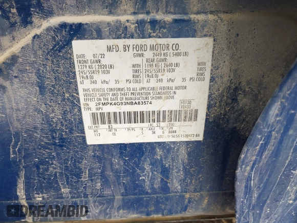 2022 Ford Edge SE с VIN 2FMPK4G93NBA83574, выставлен на аукционе IAAI как лот 42389633 с пробегом 50 000 миль миль и . История ставок и продаж доступна на DreamBid. Изображение 9.