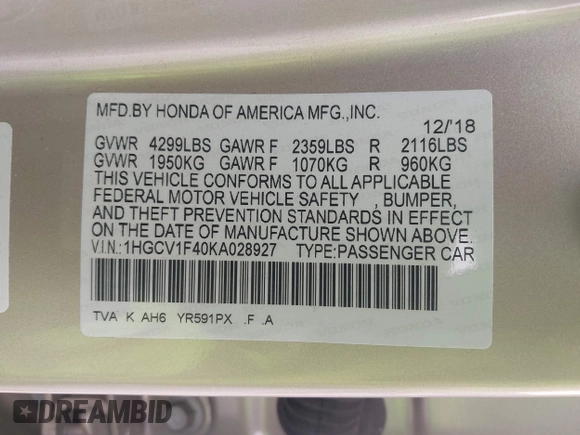 2019 Honda Accord EX with VIN 1HGCV1F40KA028927, listed as a IAAI auction lot 42583955 with 38,622 mi miles and . Bid and sale history available at DreamBid. Image 9.