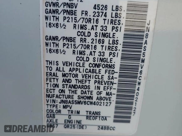 2012 Nissan Rogue S with VIN JN8AS5MV6CW402127, listed as a Copart auction lot 53429195 with 146,855 mi miles and Salvage Title. Bid and sale history available at DreamBid. Image 13.