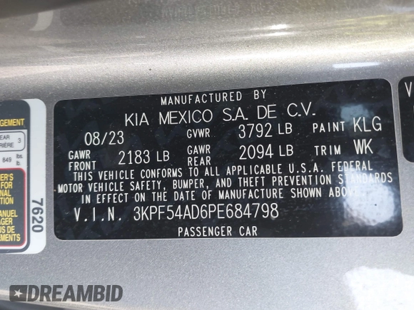 2023 Kia Forte GT-Line z VIN 3KPF54AD6PE684798, wystawiony jako IAAI lot #41921089 z przebiegiem 24 670 mil mil oraz . Historia ofert i sprzedaży dostępna na DreamBid. Obrazek 9.