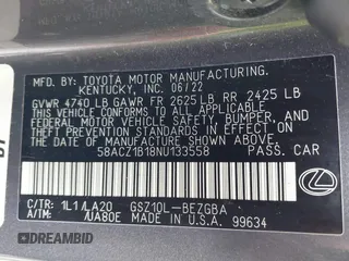 2022 Lexus ES 350 z VIN 58ACZ1B18NU133558, wystawiony jako IAAI lot #41837796 z przebiegiem 35 770 mil mil oraz . Historia ofert i sprzedaży dostępna na DreamBid. Obrazek 9.