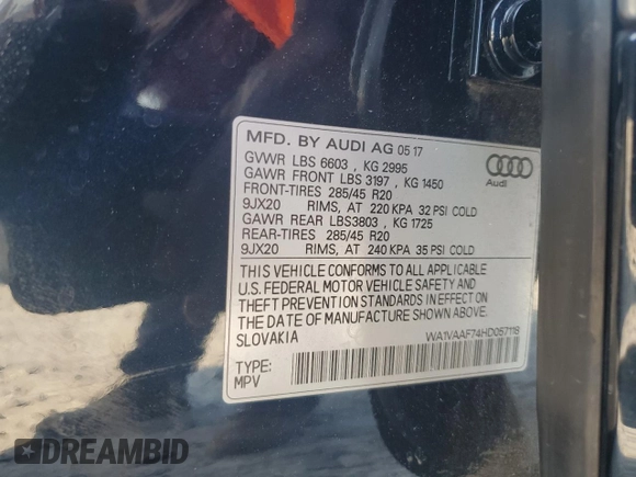 2017 Audi Q7 Prestige с VIN WA1VAAF74HD057118, выставлен на аукционе Copart как лот 61448295 с пробегом 95 526 миль миль и Списание • Salvage title. История ставок и продаж доступна на DreamBid. Изображение 13.