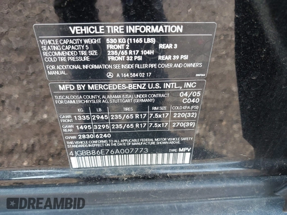 2006 Mercedes-Benz M 350 with VIN 4JGBB86E76A007773, listed as a IAAI auction lot 42517497 with 109,597 mi miles and . Bid and sale history available at DreamBid. Image 9.