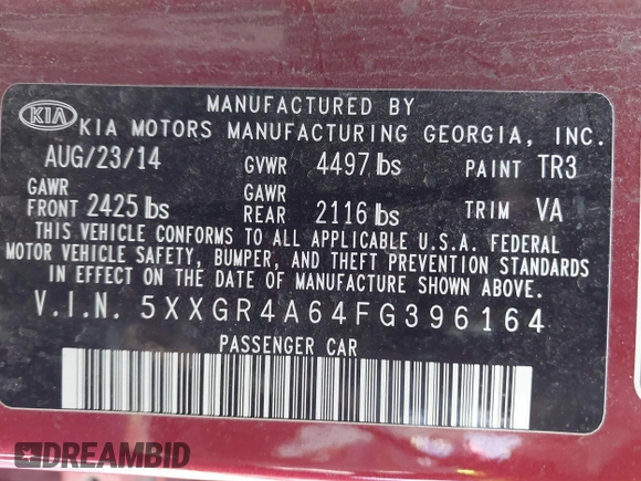 2015 Kia Optima SX Turbo with VIN 5XXGR4A64FG396164, listed as a IAAI auction lot 41682721 with 143,420 mi miles. Bid and sale history available at carsss.com. Image 9.