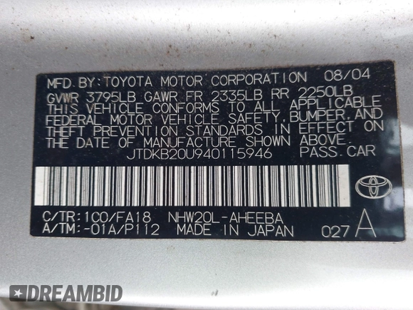 2004 Toyota Prius with VIN JTDKB20U940115946, listed as a IAAI auction lot 42202909 with 213,844 mi miles and . Bid and sale history available at DreamBid. Image 9.