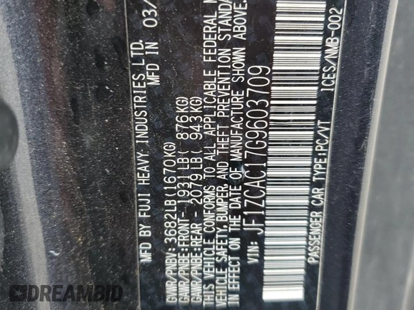 2016 Subaru BRZ Limited with VIN JF1ZCAC17G9603709, listed as a Copart auction lot 85725854 with 73,225 mi miles and Salvage title. Bid and sale history available at DreamBid. Image 12.