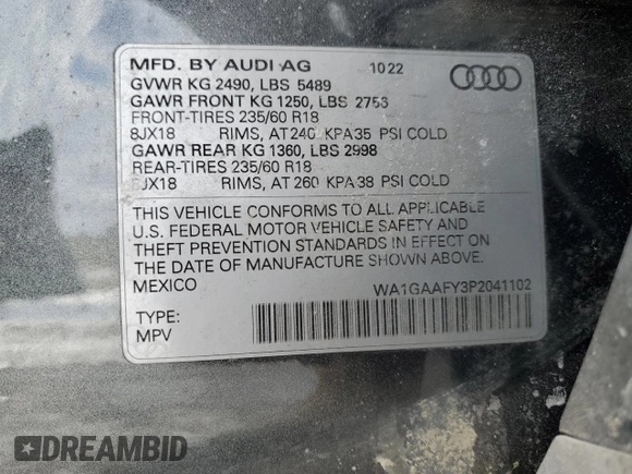 2023 Audi Q5 S line Premium with VIN WA1GAAFY3P2041102, listed as a Copart auction lot 45339405 with 0 mi miles and Salvage Title. Bid and sale history available at carsss.com. Image 13.